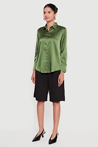 Satin Button Front Long Sleeve Shirt