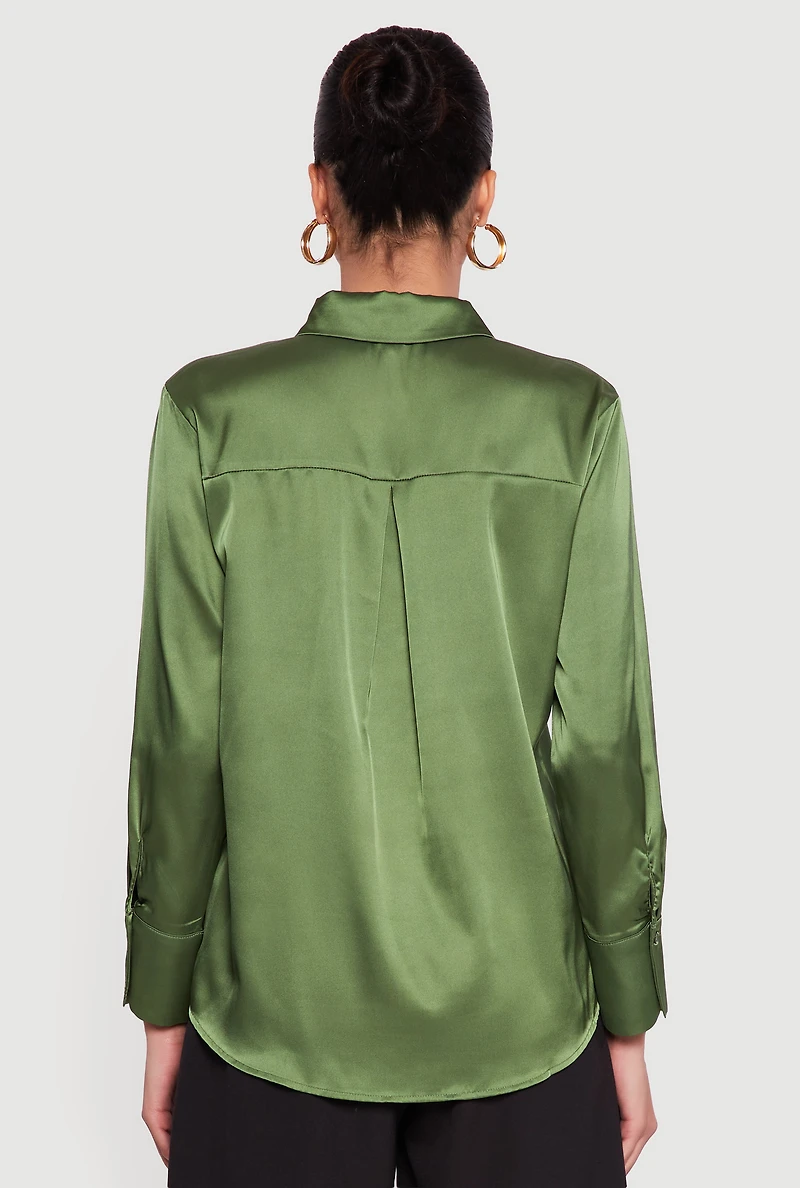 Satin Button Front Long Sleeve Shirt