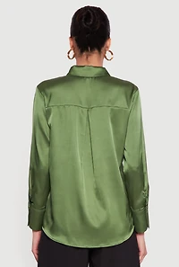 Satin Button Front Long Sleeve Shirt