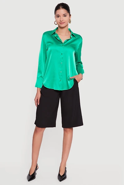 Satin Button Front Long Sleeve Shirt