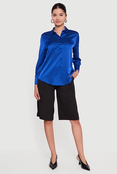 Satin Button Front Long Sleeve Shirt