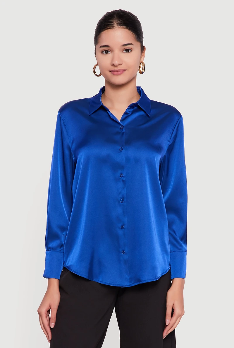 Womens Satin Button Front Long Sleeve Shirt, Blue, Size L