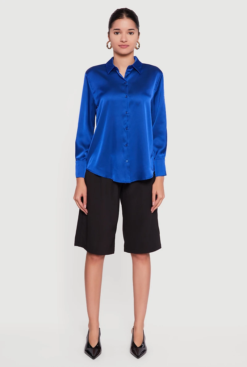 Womens Satin Button Front Long Sleeve Shirt, Blue, Size L