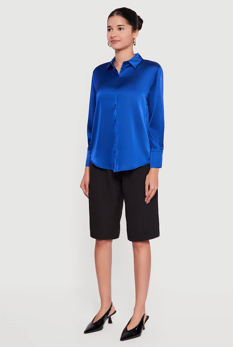 Womens Satin Button Front Long Sleeve Shirt, Blue, Size L