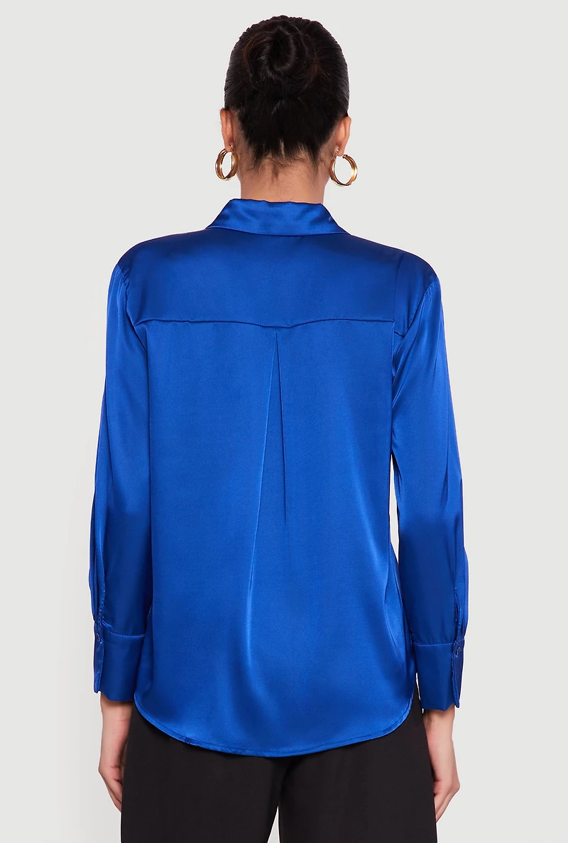 Satin Button Front Long Sleeve Shirt