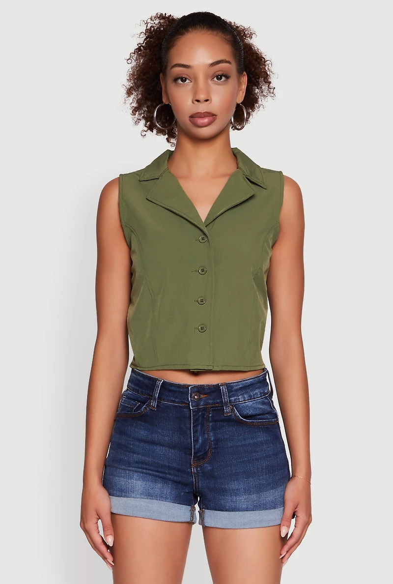 Womens Trendy Button Front Cropped Blazer Vest, Green, Size XL