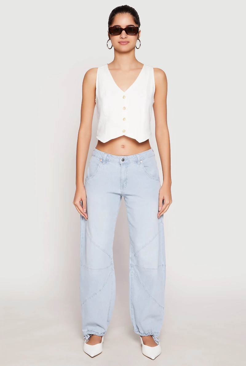 Womens Button Front Cropped Vest, White, Size S