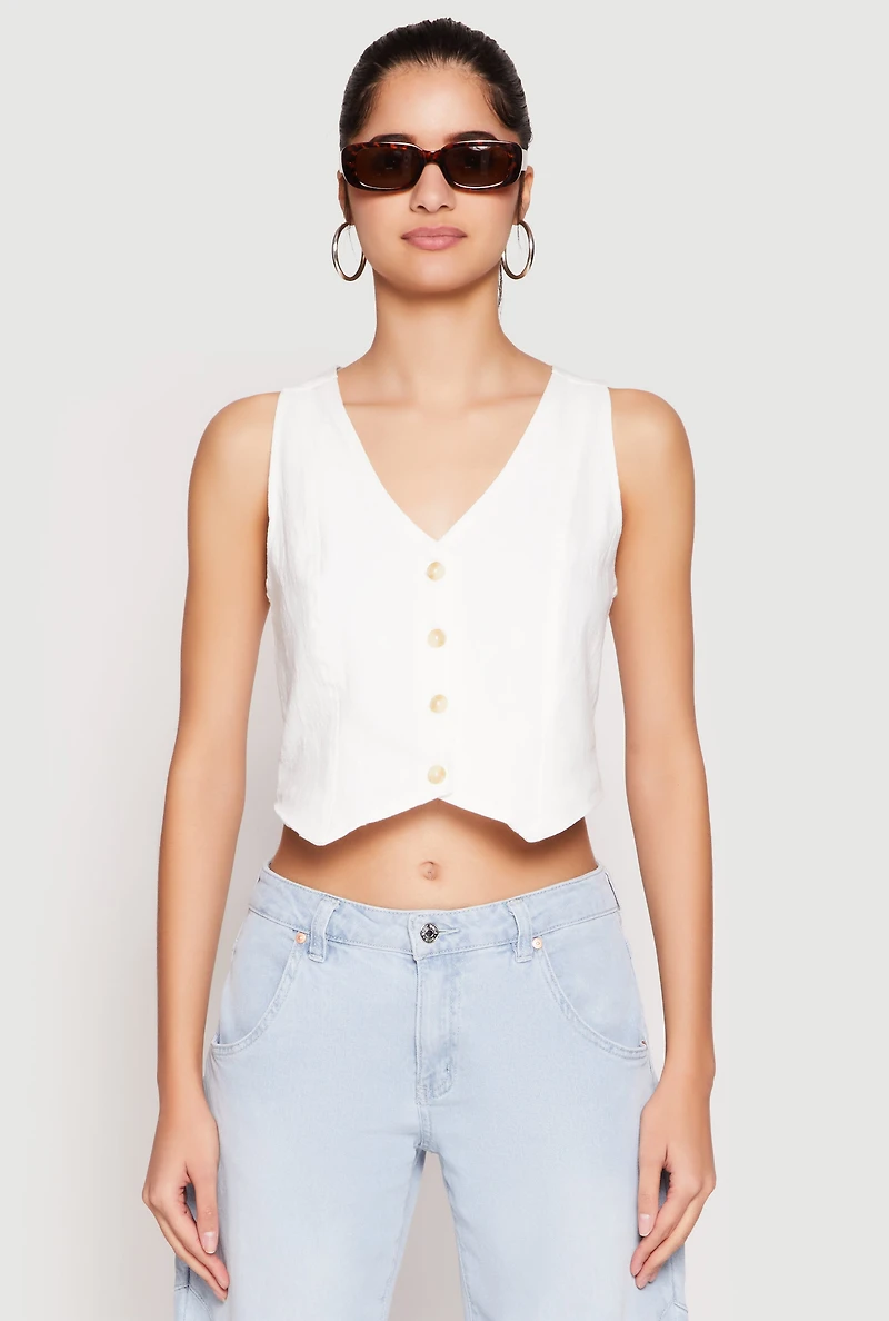Womens Button Front Cropped Vest, White, Size S