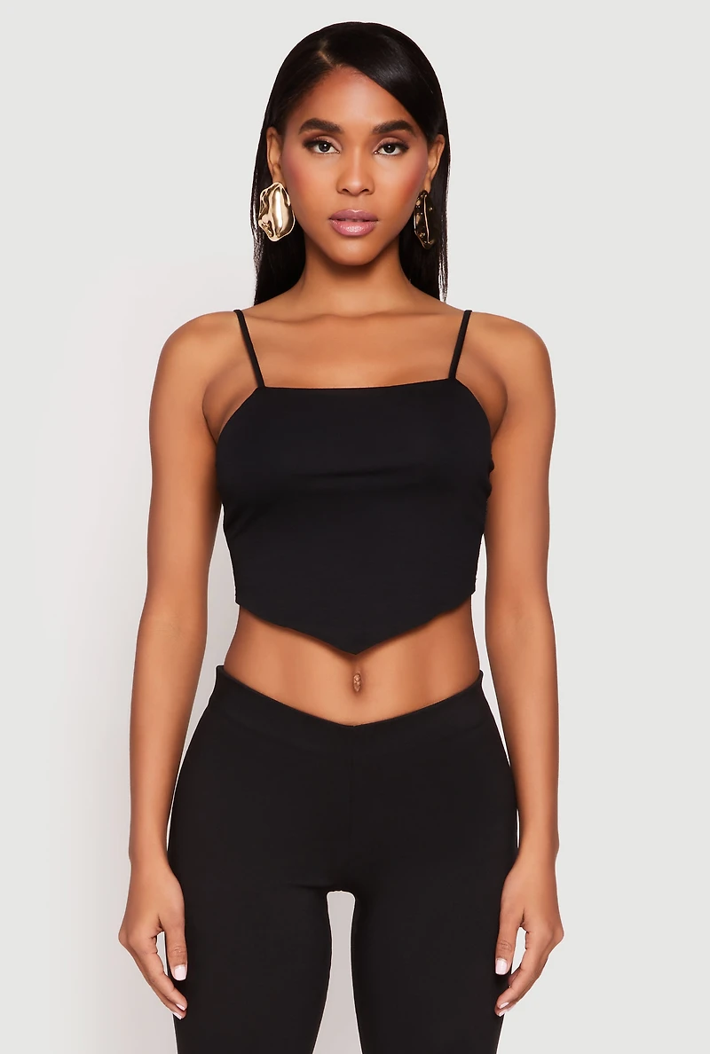 Womens Square Neck Hanky Hem Crop Top, Black,