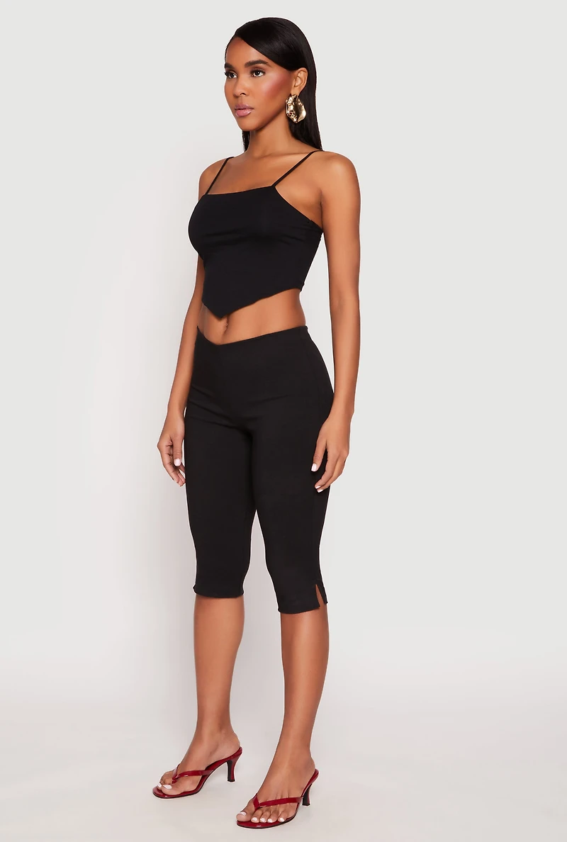 Womens Square Neck Hanky Hem Crop Top, Black,