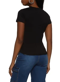 Womens Laser Cut Basic Crew Neck Tee, Black, Size L