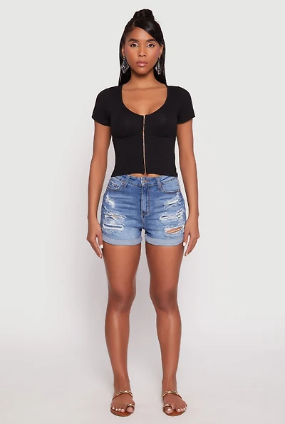 Womens Hook and Eye Short Sleeve Crop Top,