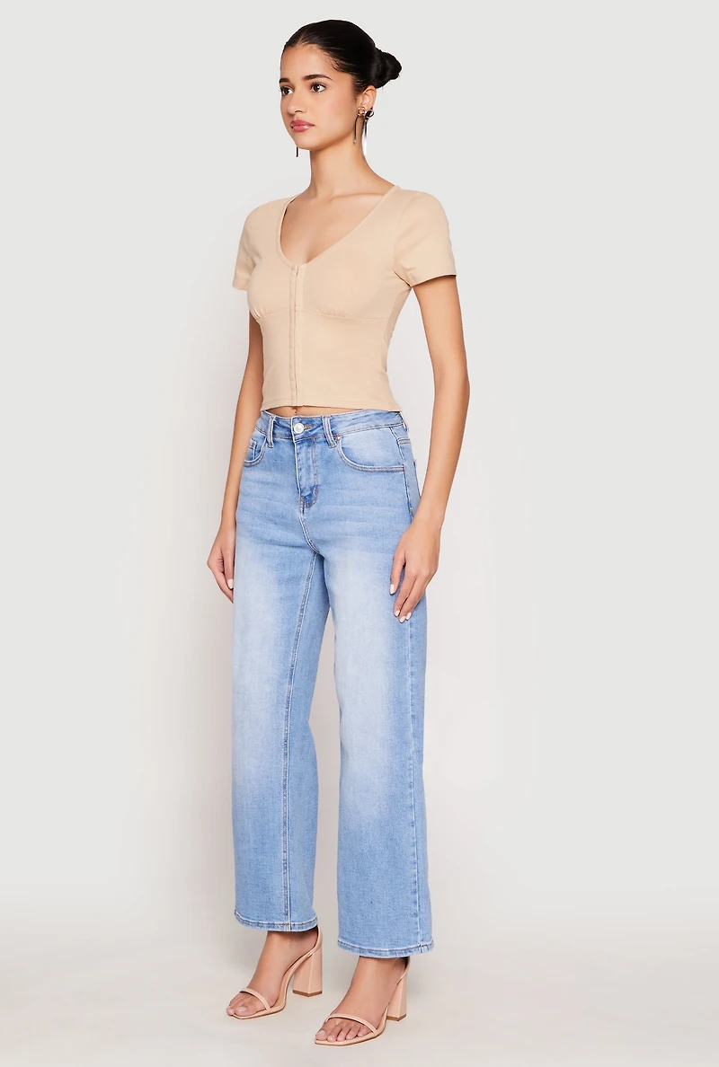 Womens Hook and Eye Short Sleeve Crop Top,
