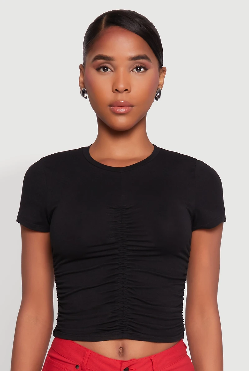Womens Ruched Crew Neck Cropped Tee,