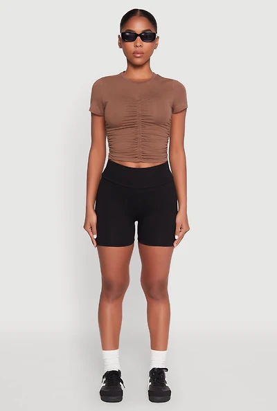 Womens Ruched Crew Neck Cropped Tee,