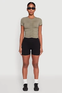 Womens Ruched Crew Neck Cropped Tee, Green, Size L