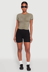 Womens Ruched Crew Neck Cropped Tee, Green, Size L