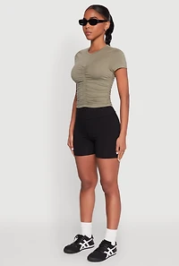 Womens Ruched Crew Neck Cropped Tee, Green, Size L