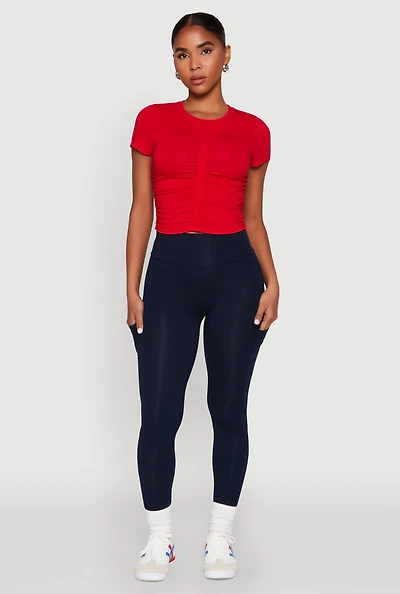 Womens Ruched Crew Neck Cropped Tee, Red, Size S