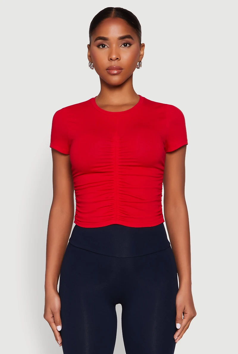 Womens Ruched Crew Neck Cropped Tee, Red, Size S