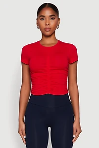 Womens Ruched Crew Neck Cropped Tee, Red, Size S