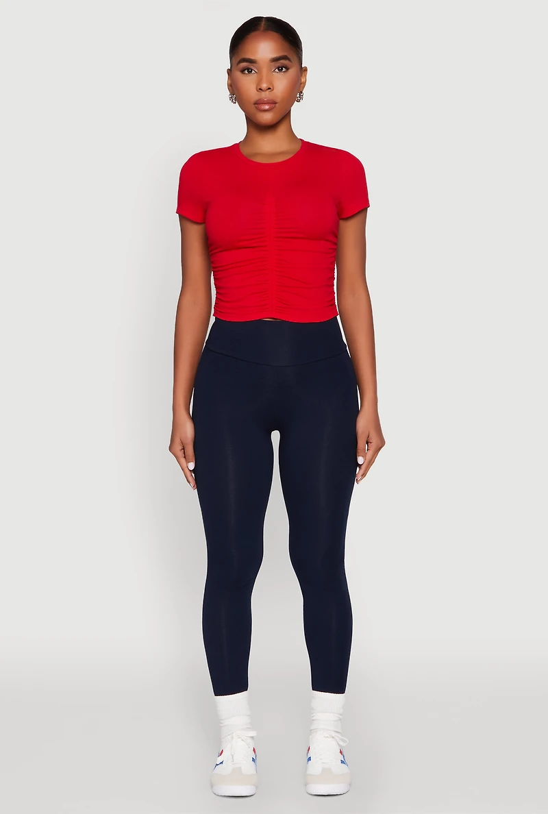Womens Ruched Crew Neck Cropped Tee, Red, Size S