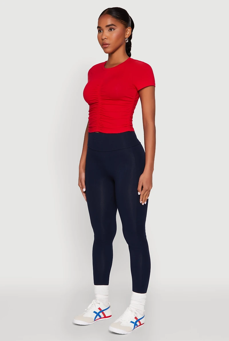 Womens Ruched Crew Neck Cropped Tee, Red, Size S