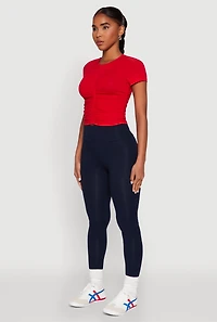 Womens Ruched Crew Neck Cropped Tee, Red, Size S