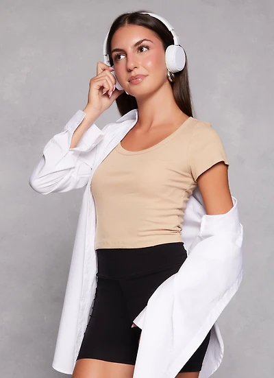 Womens Rib Knit Scoop Neck Crop Top, L