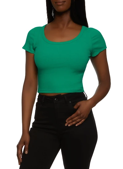 Womens Rib Knit Scoop Neck Crop Top,