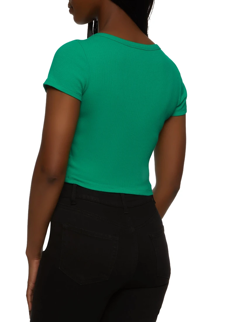 Womens Rib Knit Scoop Neck Crop Top, Green, Size M