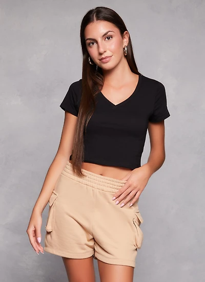 Womens Solid Cropped V Neck Tee,