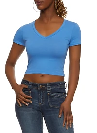 Womens Solid Cropped V Neck Tee,