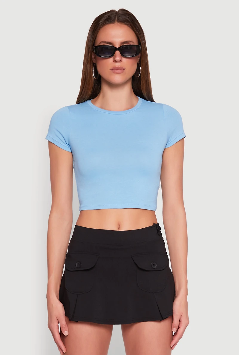 Womens Basic Crew Neck Cropped Tee,
