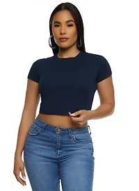 Womens Basic Crew Neck Cropped Tee,