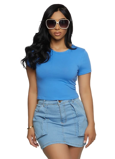Womens Basic Crew Neck Cropped Tee,