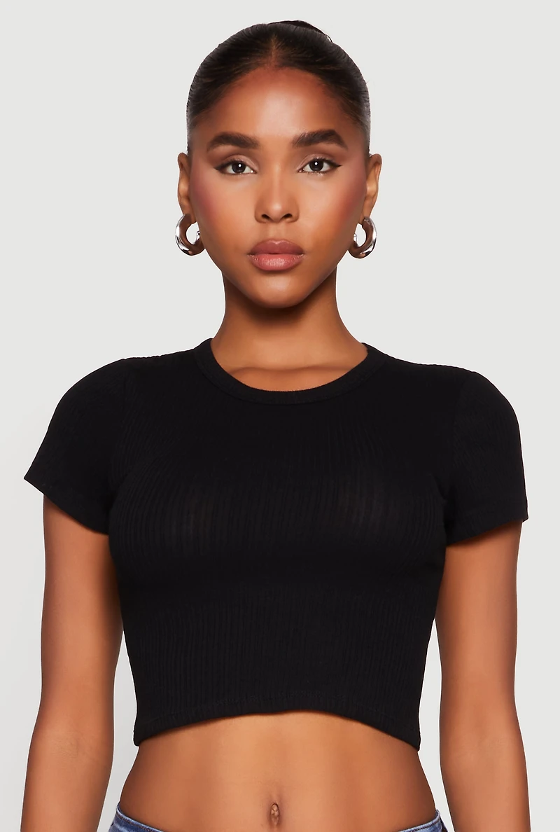 Basic Ribbed Knit Cropped Tee