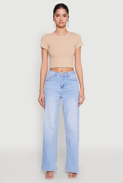 Womens Basic Ribbed Knit Cropped Tee,