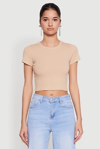 Womens Basic Ribbed Knit Cropped Tee,