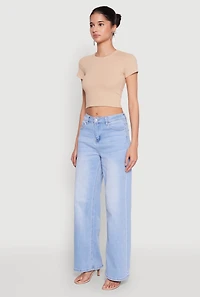 Womens Basic Ribbed Knit Cropped Tee,