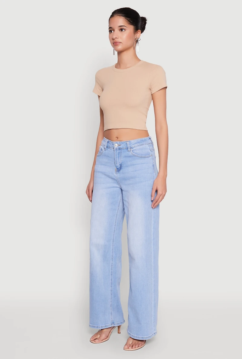Womens Basic Ribbed Knit Cropped Tee,