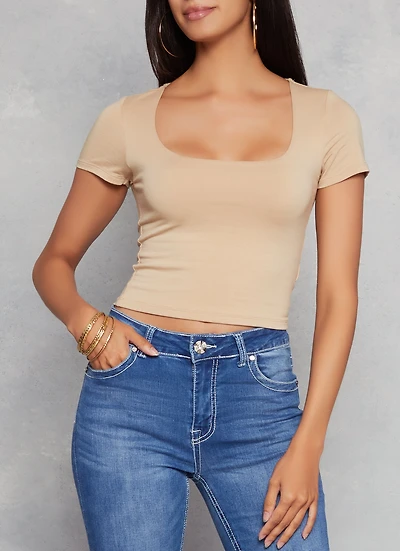 Womens Basic Scoop Neck Cropped Tee,