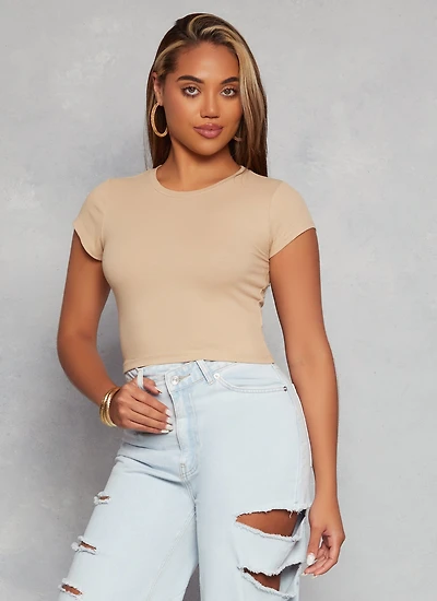 Womens Ambiance Ribbed Knit Crew Neck Crop Top,