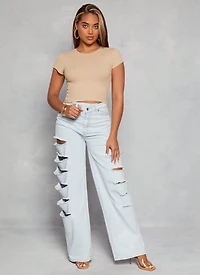 Womens Ambiance Ribbed Knit Crew Neck Crop Top,