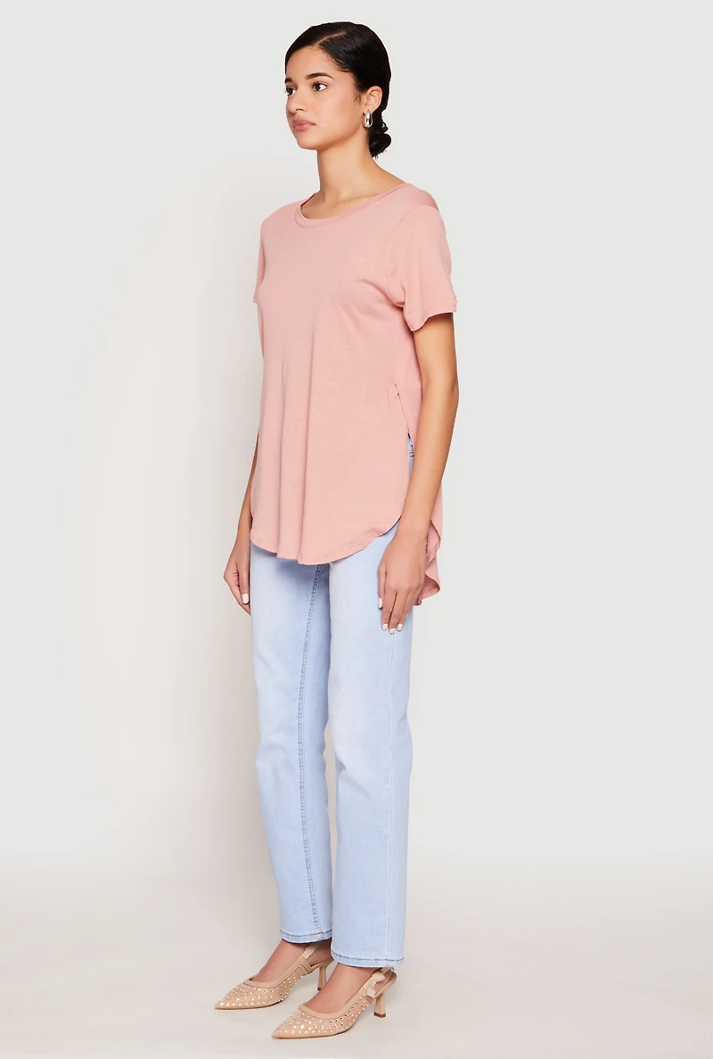 Womens Side Slit High Low Hem Tee, Pink, Size S