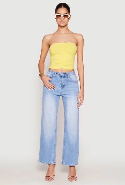 Womens Ruched Front Tube Top, Yellow, Size L