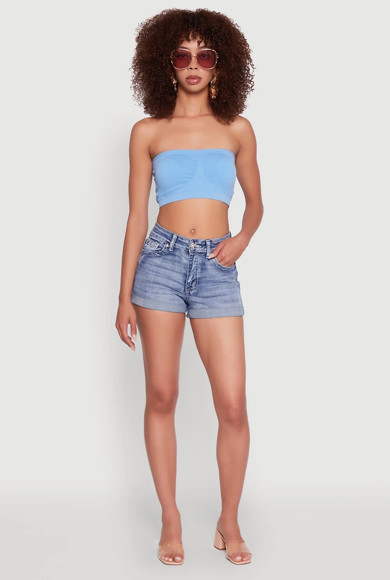Womens Trendy Seamless Ruched Front Bandeau, Blue, Size S-M