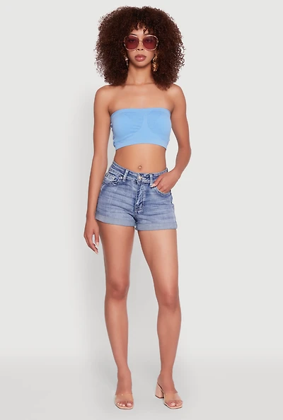 Womens Trendy Seamless Ruched Front Bandeau, Blue, Size S-M