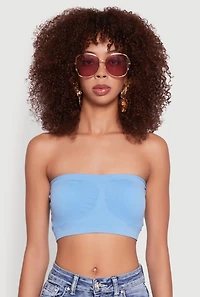 Womens Trendy Seamless Ruched Front Bandeau, Blue, Size S-M