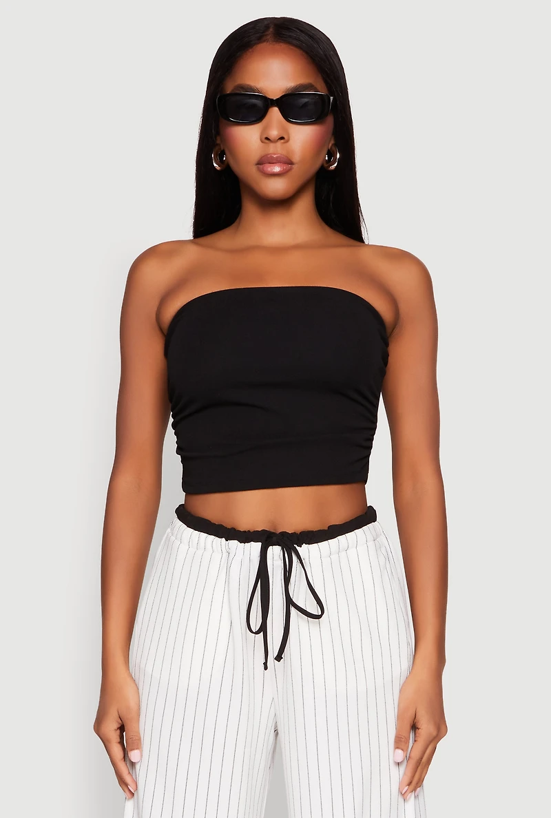 Womens Side Ruched Cropped Tube Top, Black, Size L